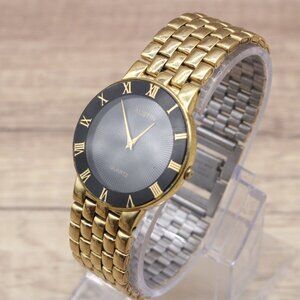 Vintage Austin Watch Womens Gold Tone Stainless Steel Classic Black Dial 80s
